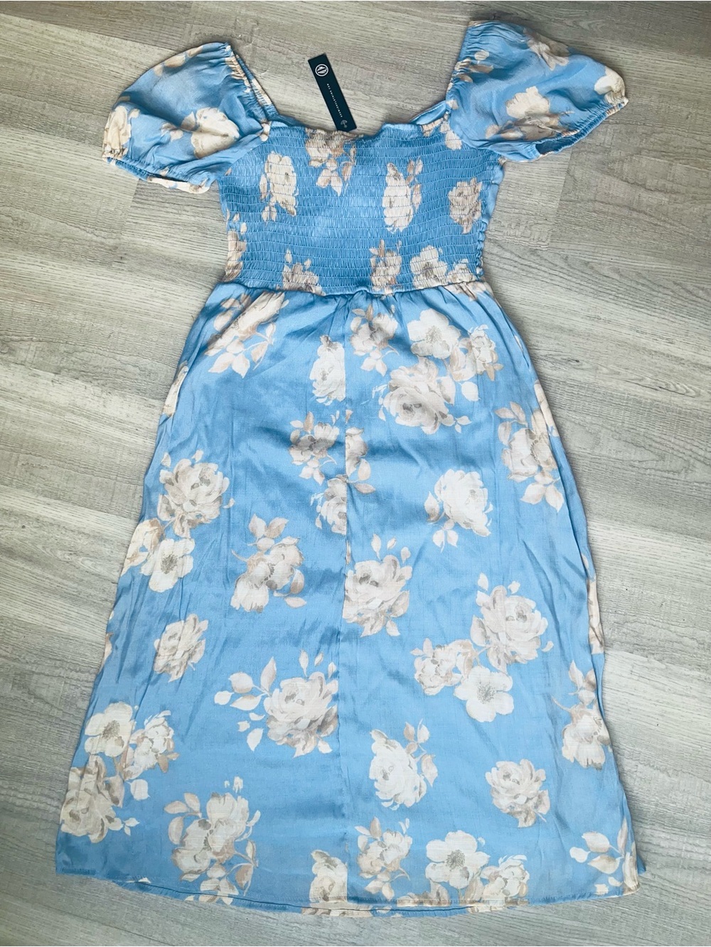 NWT Women's Blue Floral Midi Dress Puff Sleeve Smocked Twist Front A-Line - Picture 11 of 14